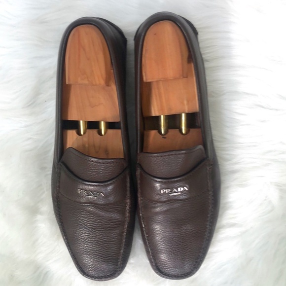 Prada Mens Brown Leather Round Toe Slip On Casual Loafer Shoes Size 10 Coa - Picture 5 of 10